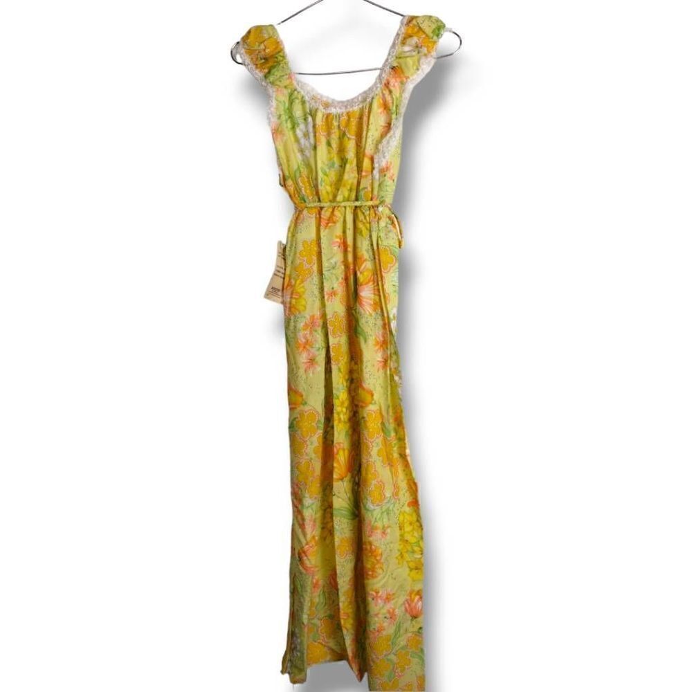 Vtg Ameritex‎ Womens Nightgown Sz Small Maxi Yellow Print Elastic Waist Neck